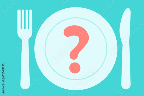 Food Choice Concept. Plate with red question, knife and fork. Vector illustration