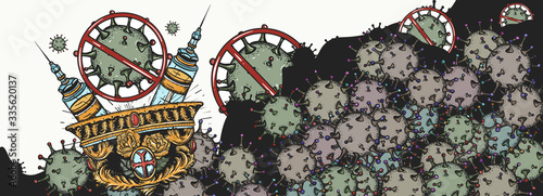 Stop coronavirus banner. Holy grail, crossed syringes and viruses. Vaccine development, combating the pandemic. COVID-19 (2019-nCoV) art. Protection of immune system. Medical background