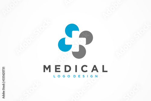 Healthcare Medical Logo. Blue and Grey Abstract Flower Symbol with Negative Space Cross Sign inside. Flat Vector Logo Design Template Element.