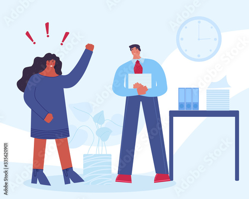 Stress at work. Angry female boss yelling at employee. Vector illustration