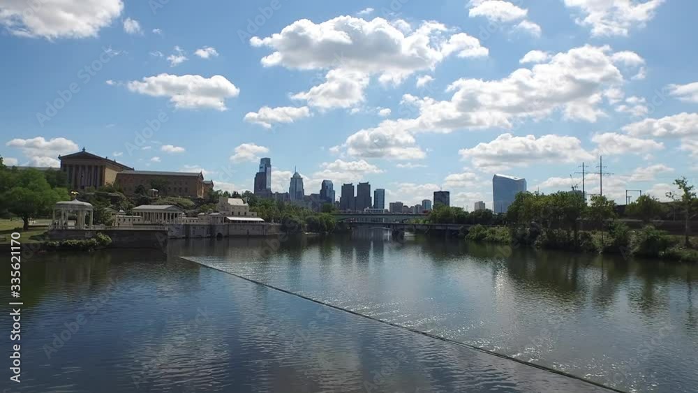 Philly aerial rising slowly from Fairmount Water Works Schuylkill River Philadelphia Art Museum with city skyline Philly aerial rising slowly from Fairmount Water Works Schuylkill River Philadelphia Art Museum with city skyline