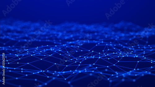 Digital background. Abstract wave with connected dots and lines on dark background. Network connection structure. 3D rendering