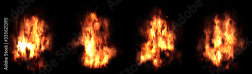 Fire and flame on dark background.Set of 4 fires on a long background.