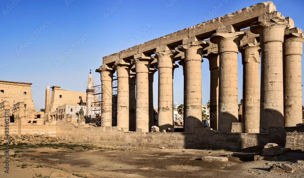 architectural detail including the mosque of Abu Haggag at the ancient Luxor Temple in Egypt .