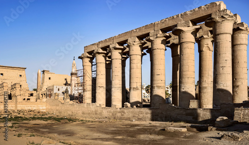 architectural detail including the mosque of Abu Haggag at the ancient Luxor Temple in Egypt .