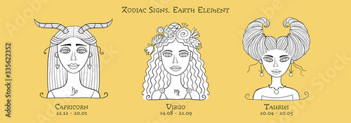 Illustration of Capricorn, Virgo, Taurus zodiac sign. Element of Fire. Beautiful Girls Portrait. Coloring page For Your Design of Astrology Calendar, Horoscope, Print.