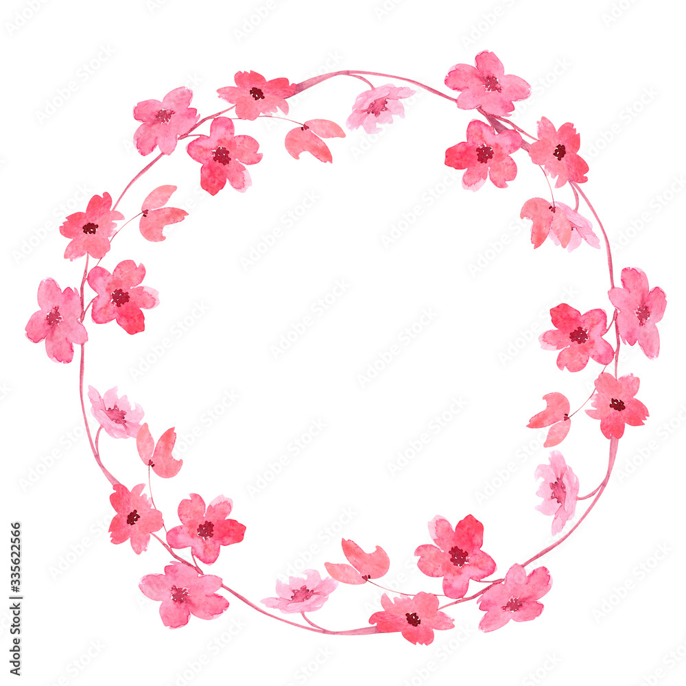 Watercolor wreath of pink cherry flowers Isolated on a white background. Spring frame with a place for writing for wedding printing, invitations and greeting cards.
