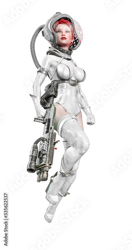 Картината върху платно astronaut girl vintage floating and holding a laser gun on white background