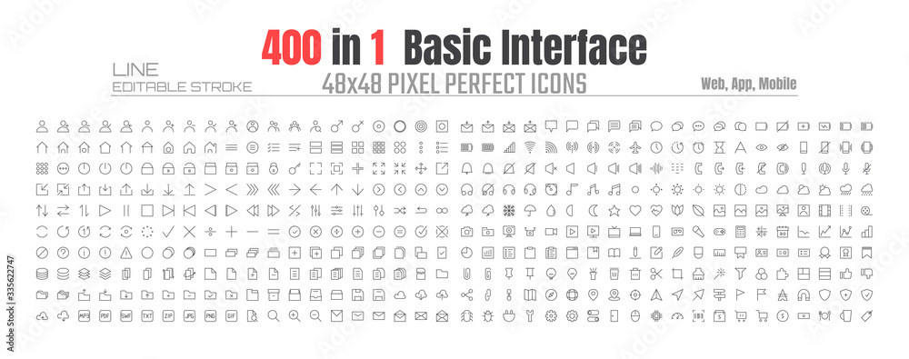 48x48 Pixels Perfect User Interface Basic Simple Set Thin Line Icons. People User Profile, Message, Document file, Call, Music, Camera, Arrow, Chat, Button, Shop, Home, App, Web, etc. Editable Stroke 