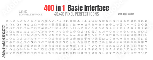 48x48 Pixels Perfect User Interface Basic Simple Set Thin Line Icons. People User Profile, Message, Document file, Call, Music, Camera, Arrow, Chat, Button, Shop, Home, App, Web, etc. Editable Stroke 