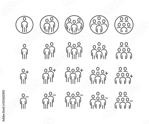 Simple Set of Business People Related Vector flat outline Icons. Contains such as Group of people, Add, Friend request, Communication, Teamwork, Plus, Delete, decre and more. Illustration eps 10. photo