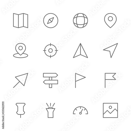 Simple Set of Travel Related Vector Thin line Icons. Contains such as Map, compass, position, location, GPS, direction, label, flag, pin, light, speed, picture and more. illustration.