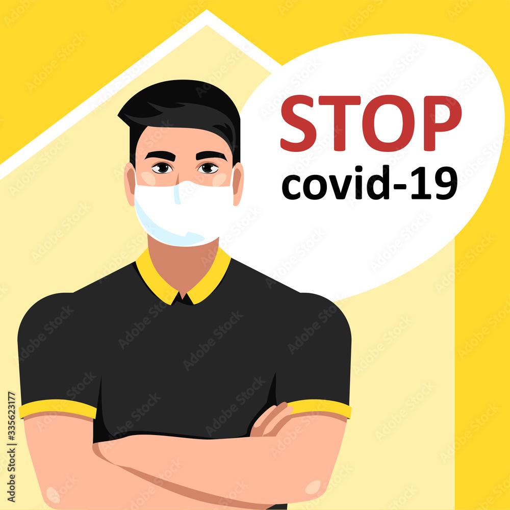 stop covid-19. stay at home awareness social media campaign and coronavirus prevention. man in mask stay at home. vector illustration