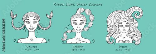Illustration of Cancer, Scorpio, Pisces zodiac sign. Element of Water. Beautiful Girls Portrait. Coloring page For Your Design of Astrology Calendar, Horoscope, Print.