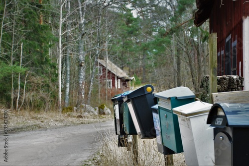 several mailboxes along the forest road