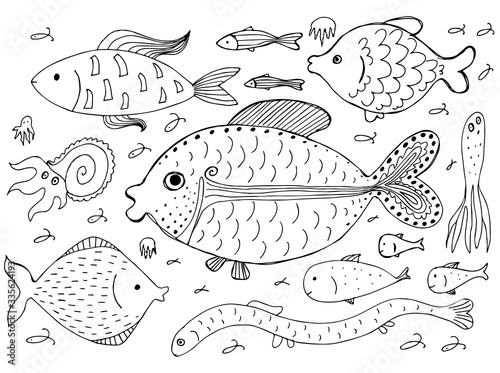 Hand Drawn Logo Template or Doodle Fishes Isolated