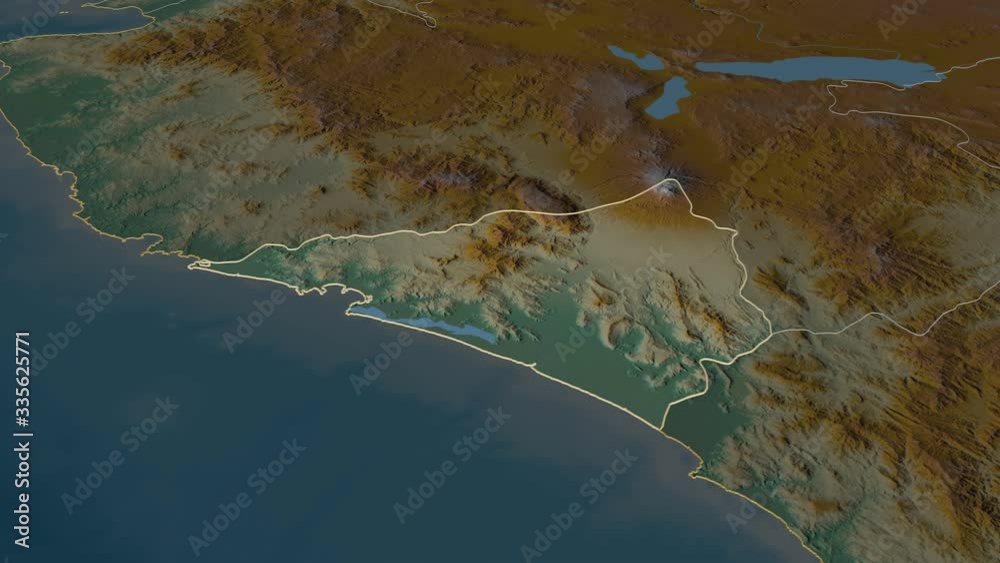 Colima, state with its capital, zoomed and extruded on the relief map
