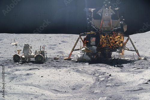 Astronaut on rock surface with space background. Elements of this image furnished by NASA