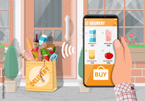 Paper bag of groceries left at door of living house. Food delivery from shop, cafe, restaurant. Grocery products express delivery. Bread, meat, milk, fruit vegetable, drinks. Flat vector illustration