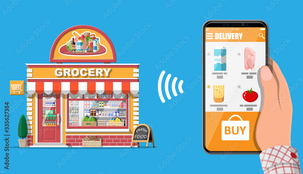 Hand holding smartphone with shopping app. Grocery store delivery. Internet order. Online supermaket. Shop building with food and drinks. Milk, vegetables, meat, cheese. Flat vector illustration