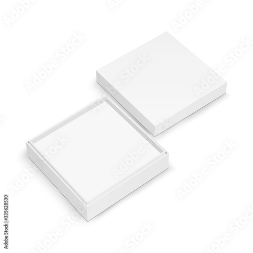Blank square jewelry box mockup with lid isolated on white background. Vector illustration