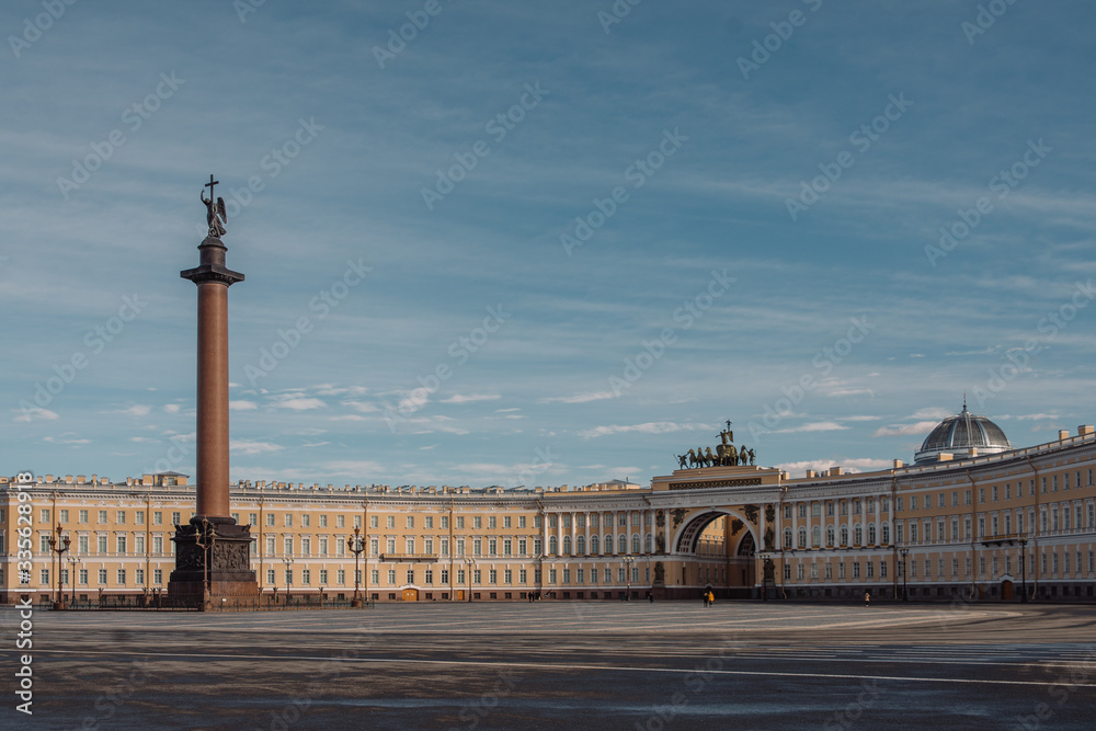 Arch of the main headquarters in Saint Petersburg, Russia during the coronavirus pandemic in April 2020. Empty street.