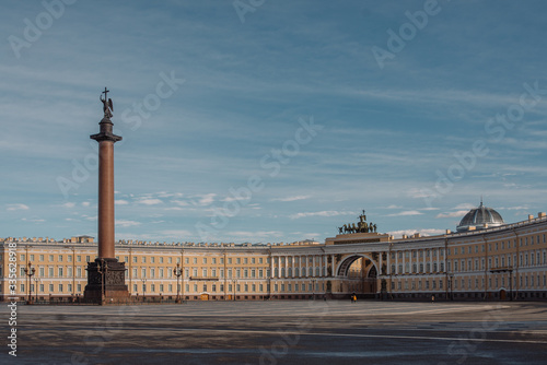 Arch of the main headquarters in Saint Petersburg, Russia during the coronavirus pandemic in April 2020. Empty street. © myskina6