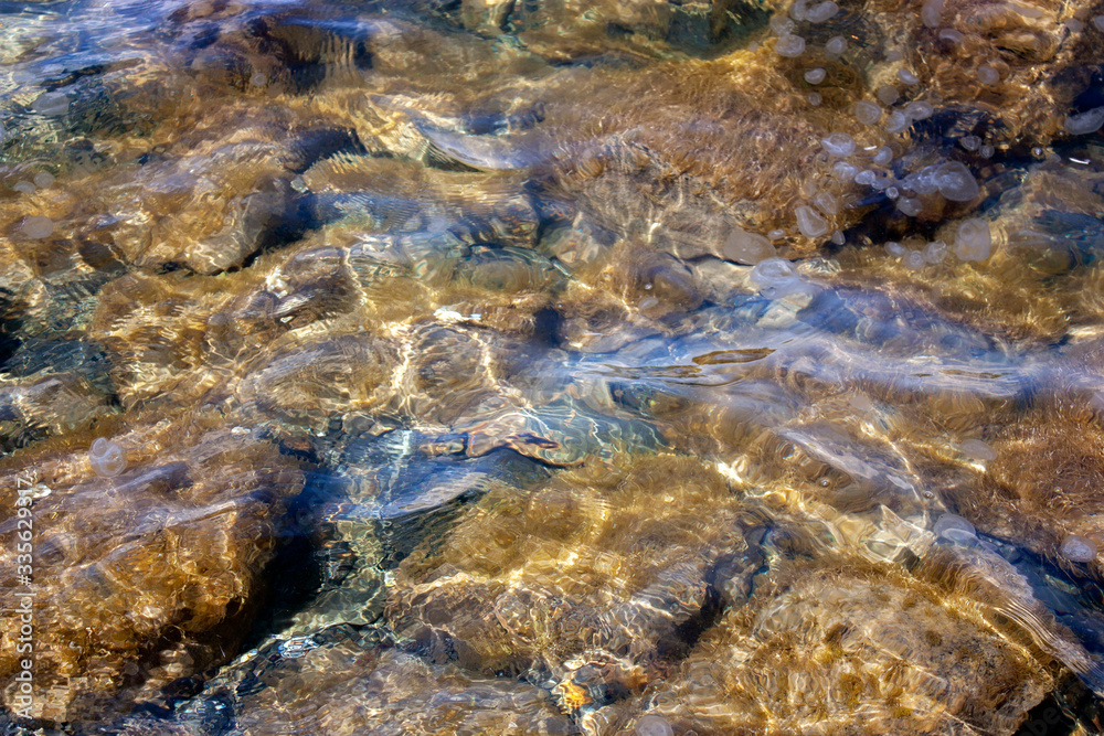 Reflection in the water of a stone texture in the light of the sun. Waves at sea and natural stones. Different colors and a unique pattern of sea waves on a sunny day.