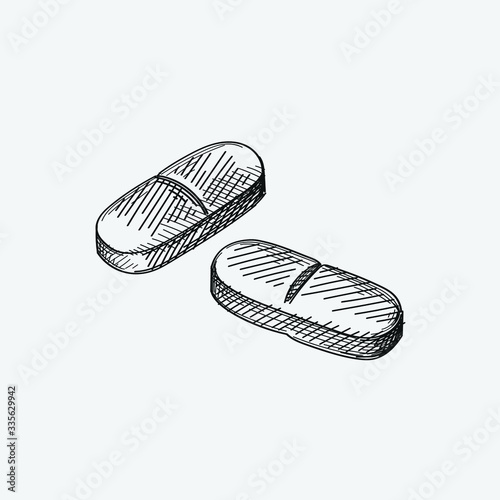 Hand-drawn sketch of two long white pills. Medical tools. First aid. Two tablets. Drugs. Treatment. Two capsules