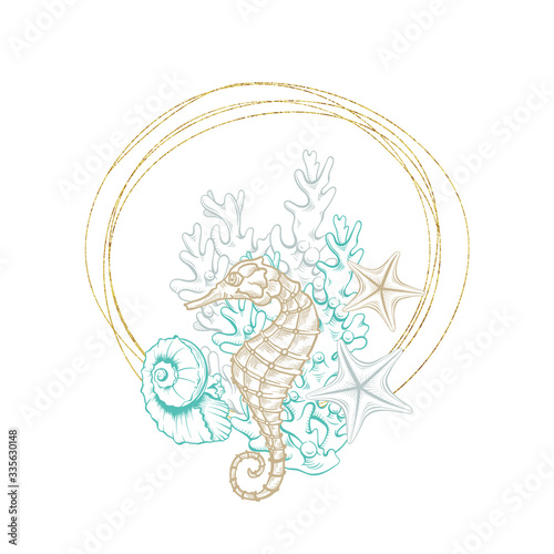 Seahorse sketch in gold geometric crystal line frame, vector arrangement design. Ocean seashell and coral engraving in golden border with foil texture, marine underwater design in hand drawn hatching