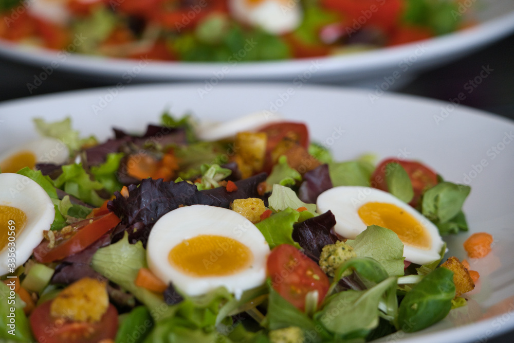 Gemischter Bio Salat Teller mit Tomaten, Eier, Schinken und Croutons, Produktbild