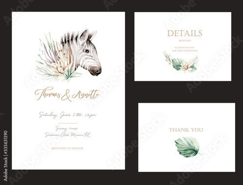 Photography Vector set of invitation cards with watercolor flower savannah wild animals zebra and gold elements