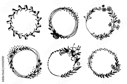 Wreaths of twigs and flowers. Vector set.