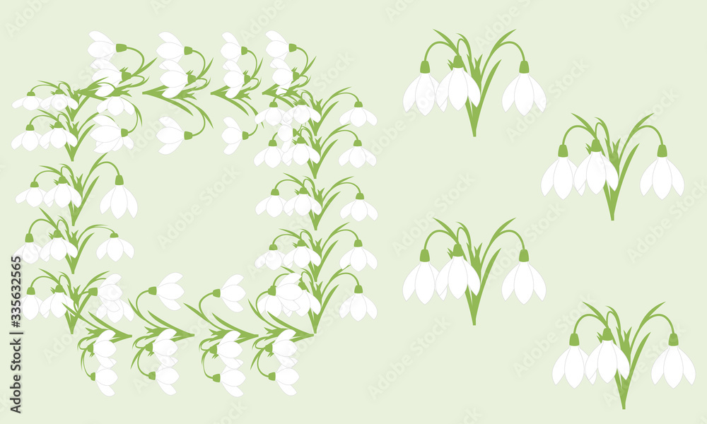 Frame of flowers snowdrop. Spring delicate flowers on a green background. Basic design for cards, invitations, and greetings. Frame of flowers snowdrop. Spring delicate flowers on a green background. Basic design for cards, invitations, and greetings.