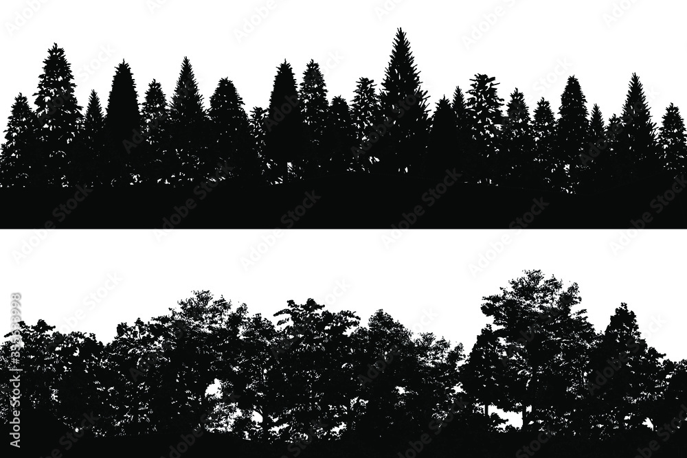 Plakat Forest trees silhouettes backgrounds vector illustration. Set of horizontal abstract banners of wood hills in black and white. EPS