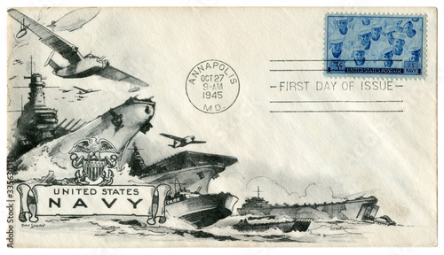 Annapolis, Maryland, The USA, 27 October 1945: US historical envelope: cover with a patriotic cachet United States Navy. American power in the Pacific
