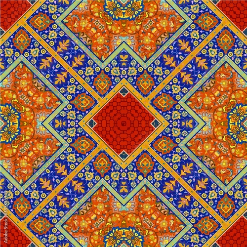 Colorful vintage seamless pattern with floral and mandala elements.Hand drawn background. Can be used for fabric, wallpaper, tile, wrapping, covers and carpet. Islam, Arabic, Indian, ottoman motifs.