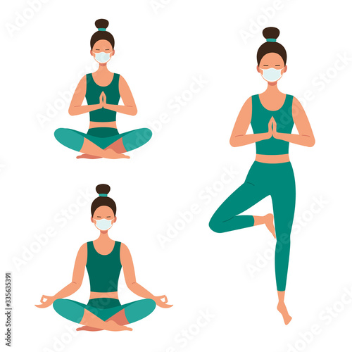 Girls set in a medical mask do yoga, meditate. The concept of home quarantine isolation during a coronavirus pandemic. Vector stock illustration.