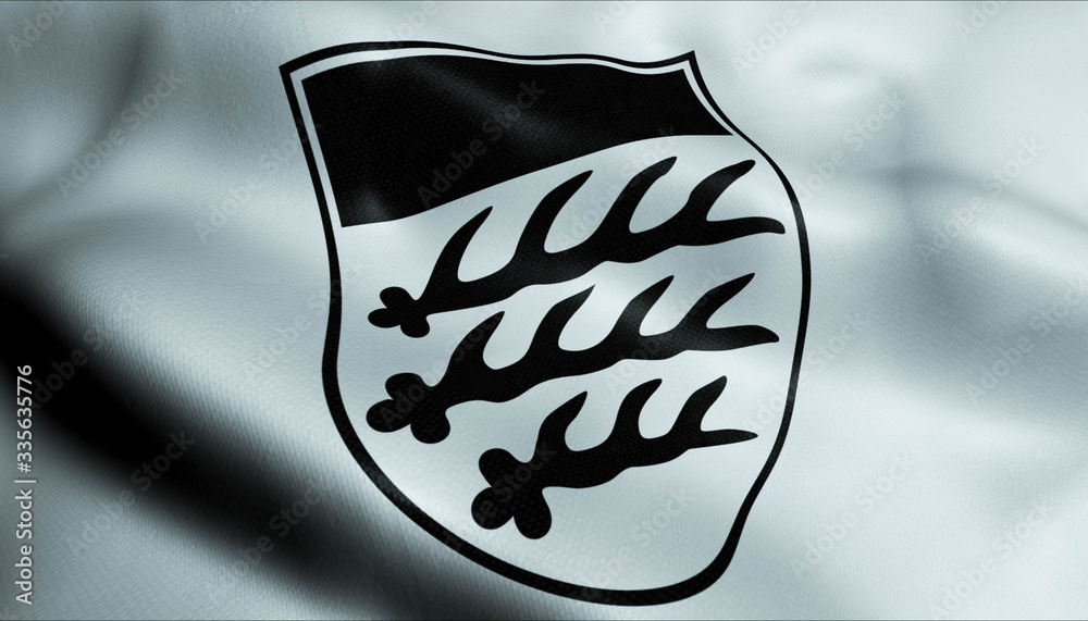 Fototapeta premium 3D Waving Germany City Coat of Arms Flag of Waiblingen Closeup View