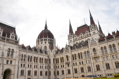 Building of the Hungarian Parliament Orszaghaz in Budapest, Hungary. The seat of the National Assembly. Detail photo of the facade. House built in neo-gothic style. Horizontal photo