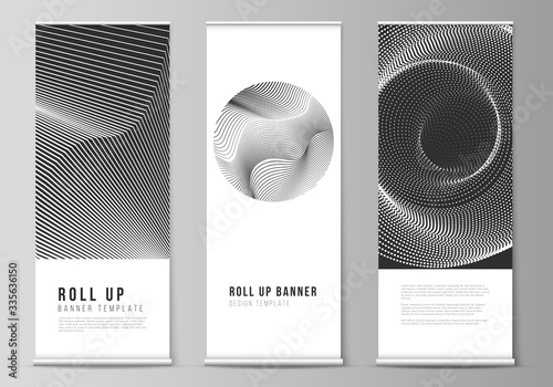 The vector layout of roll up banner stands, vertical flyers, flags design business templates. Geometric abstract background, futuristic science and technology concept for minimalistic design.