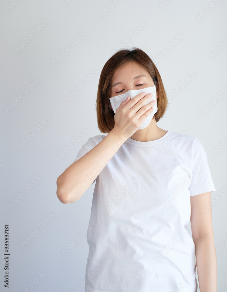 woman wearing mask and cough get sick from corona virus, covid19, flu symptom . woman wearing mask and cough get sick from corona virus, covid19, flu symptom .
