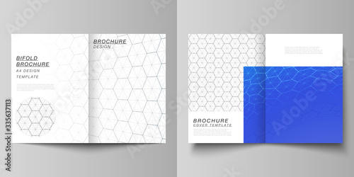 Vector layout of two A4 format modern cover mockups design templates for bifold brochure. Digital technology and big data concept with hexagons, connecting dots and lines, science medical background.