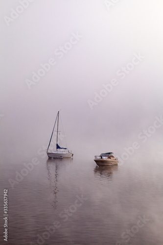 Boats in the Fog on Lake Granby, Colorado.