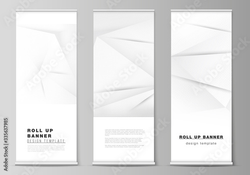 Vector layout of roll up mockup design templates for vertical flyers, flags design templates, banner stands, advertising design. Halftone effect decoration with dots. Dotted pop art pattern decoration