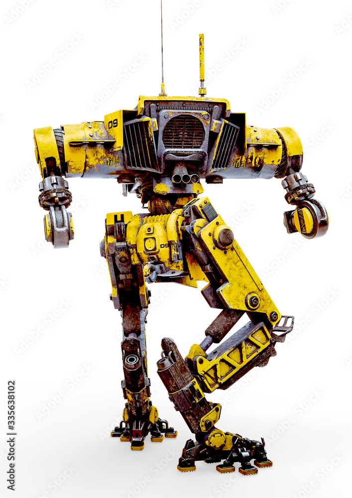 yellow combat mech in a white background rear view yellow combat mech in a white background rear view