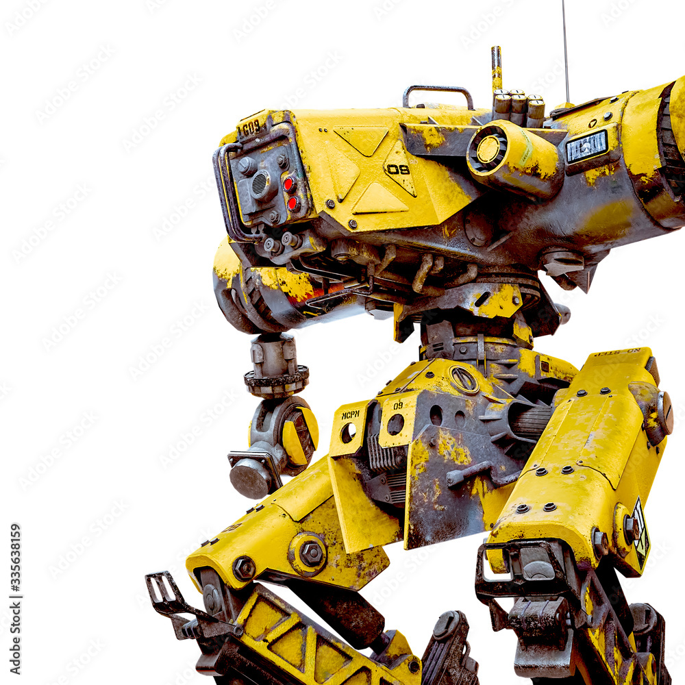 yellow combat mech in a white background side view close up yellow combat mech in a white background side view close up