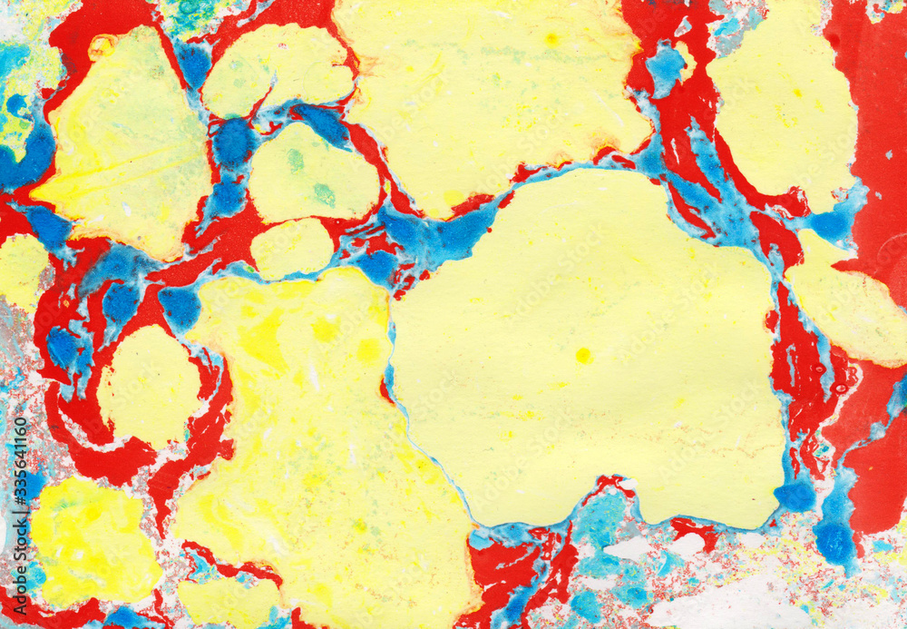 Abstract background with yellow, red and blue stains. Oil lines and stains. Big yellow spots on a colored background.