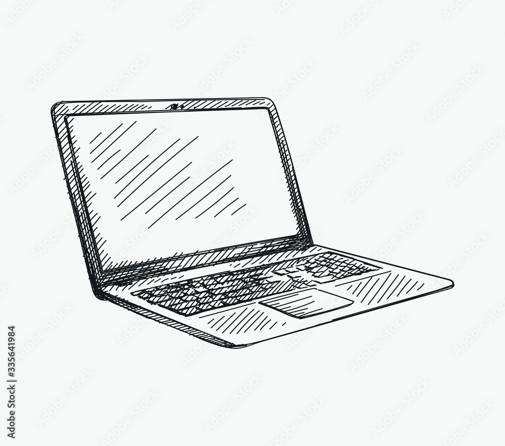 Handdrawn sketch of laptop computer. Notebook on a white background