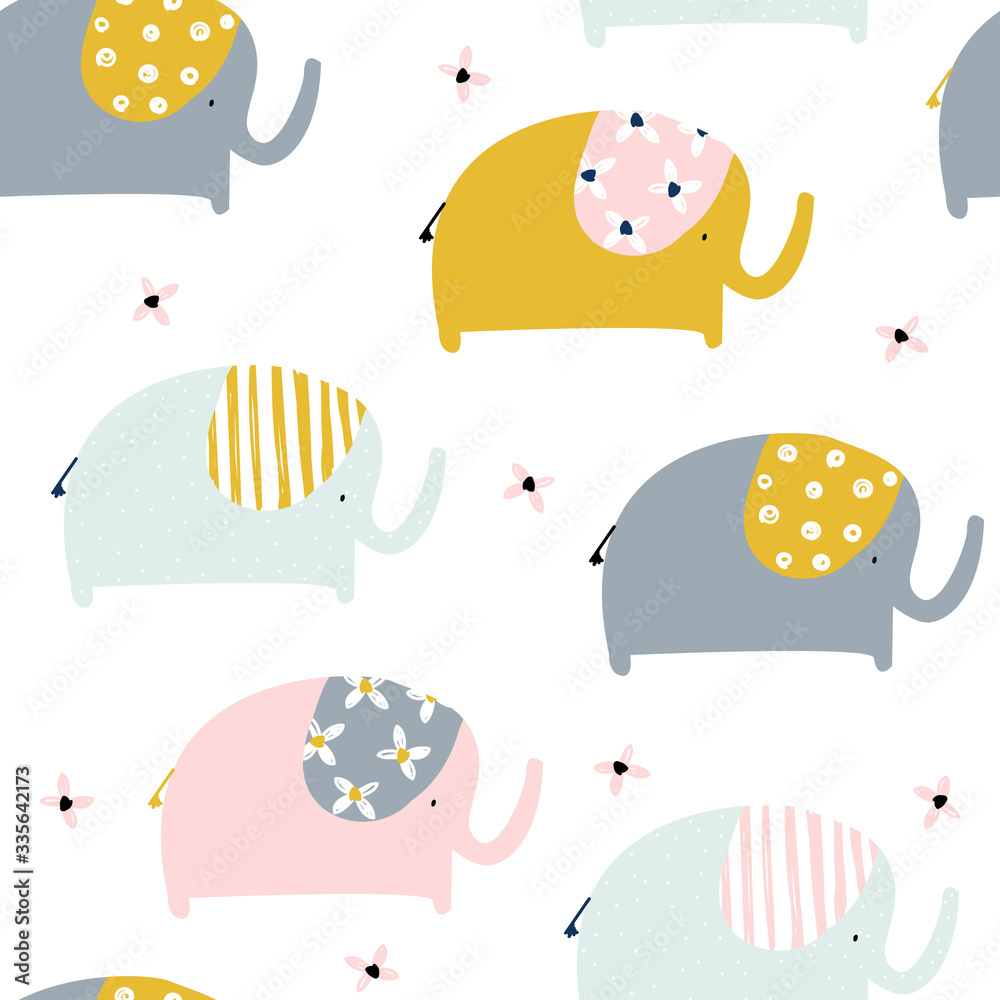 Seamless pattern with cute elephants. Childish print. Vector hand drawn illustration. Seamless pattern with cute elephants. Childish print. Vector hand drawn illustration.